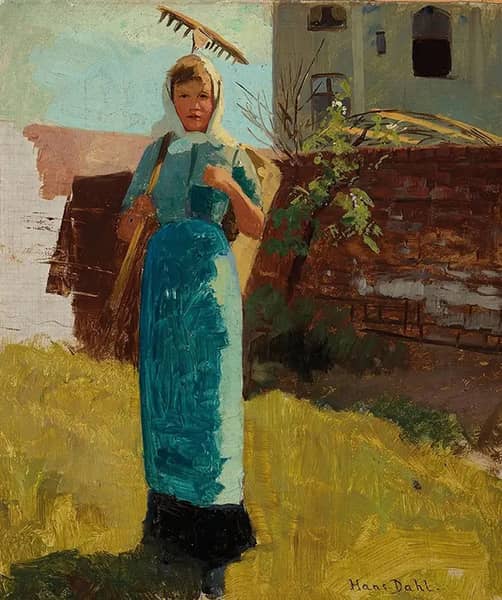 Woman with Rake by Hans Dahl | Oil Painting Reproduction