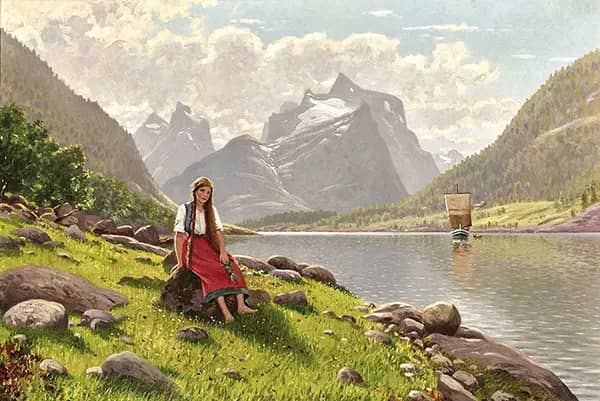 Young Norwegian Woman on the Bank of a Fjord | Oil Painting Reproduction