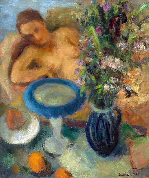 Girl with Flower Bouquet 1936 by Elemer Vass | Oil Painting Reproduction