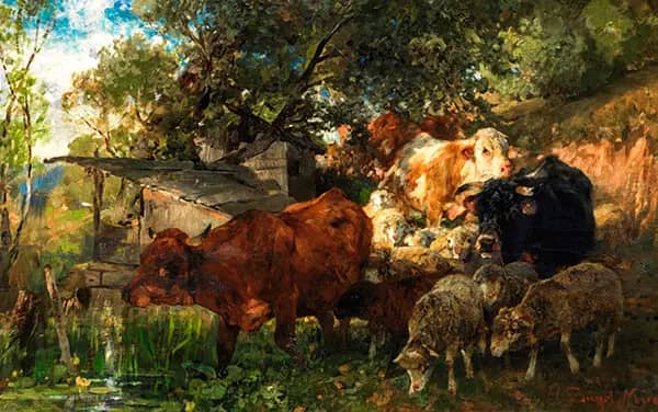Cows and Sheep at the Watering Trough | Oil Painting Reproduction