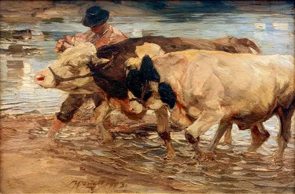 Farmhand with Cow and Ox by Heinrich von Zugel | Oil Painting Reproduction