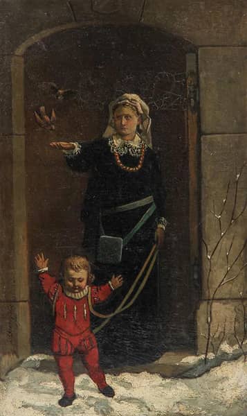 Mother and Child Feeding Birds | Oil Painting Reproduction