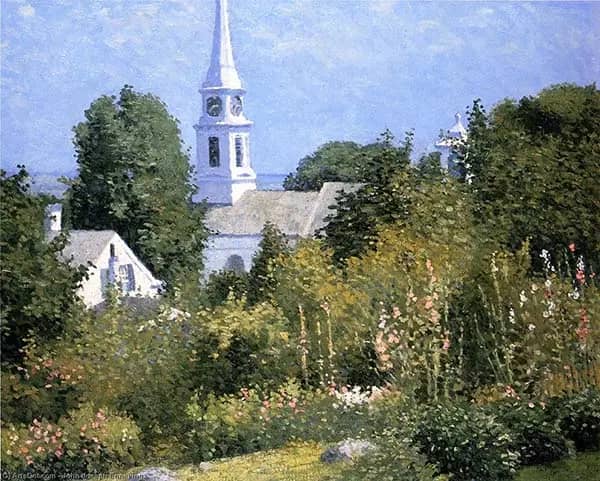 Hollyhocks Garden Mystic Connecticut | Oil Painting Reproduction