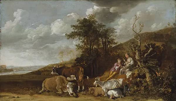 A Shepherd Playing the Flute and a Singing Shepherdess | Oil Painting Reproduction