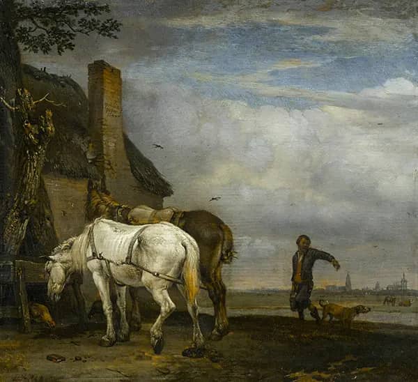 Two Horses in Front of the House | Oil Painting Reproduction