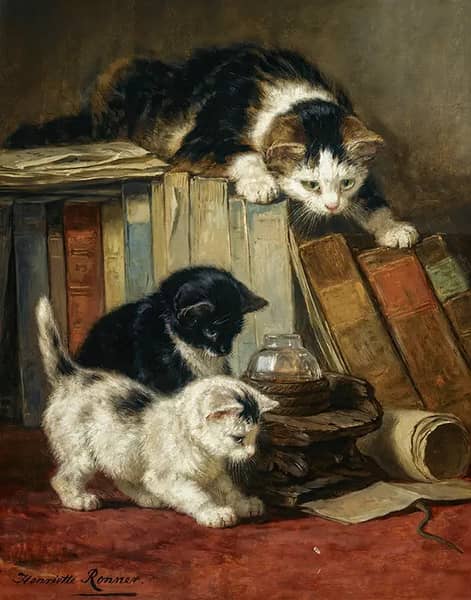 Watching the Prey by Henriette Ronner Knip | Oil Painting Reproduction