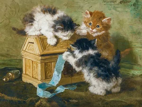 Three Kittens with a Casket and Blue Ribbon, 1894 | Oil Painting Reproduction