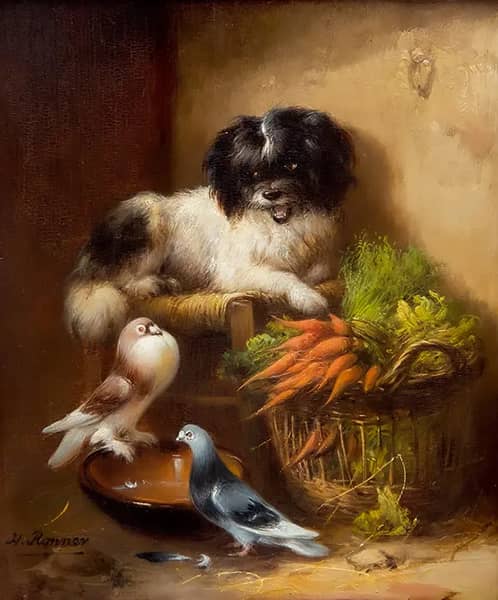 A Dog and Two Pigeons Near the Vegetable Basket | Oil Painting Reproduction