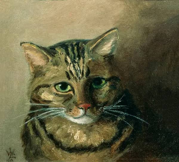 A Head Study of a Tabby Cat by Louis Wain | Oil Painting Reproduction