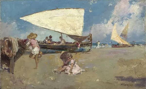 Children on a Sunny Beach by Antonio Mancini | Oil Painting Reproduction