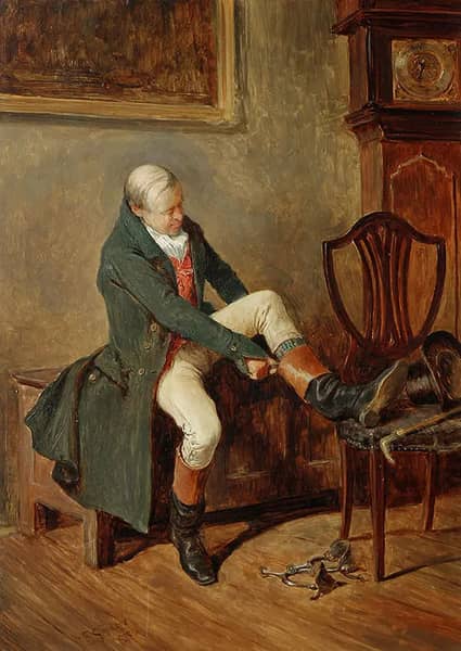 A Tight Fit a Huntsman Preparing for the Day | Oil Painting Reproduction