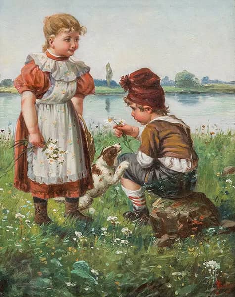 Children with a Dog by Seymour Joseph Guy | Oil Painting Reproduction