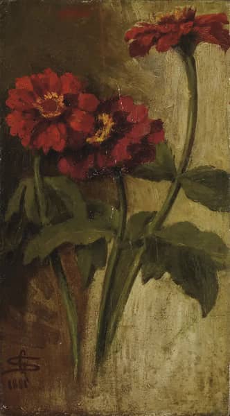 Zinnie Rosse 1881 by Giovanni Segantini | Oil Painting Reproduction