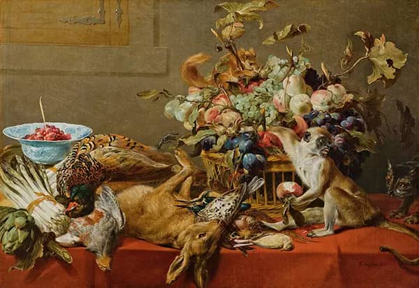 Still Life with Fruit Dead Game Vegetables a Monkey Squirrel and Cat | Oil Painting Reproduction