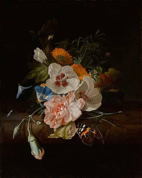 Posy of Flowers with a Red Admiral Butterfly on a Marble Ledge | Oil Painting Reproduction