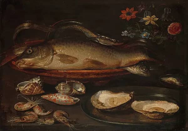 Still Life with Fish Sea Food and Flowers | Oil Painting Reproduction