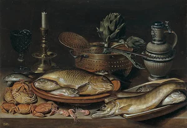Still Life with Fish Candle Artichokes Crabs and Shrimp 1611 | Oil Painting Reproduction
