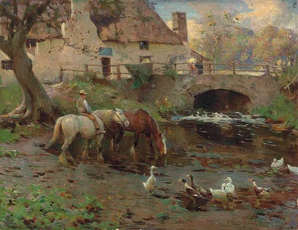 Horses Watering by Frederick Hall | Oil Painting Reproduction