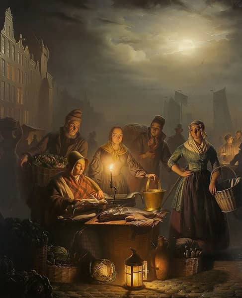 Fish Market at Evening by Petrus van Schendel | Oil Painting Reproduction