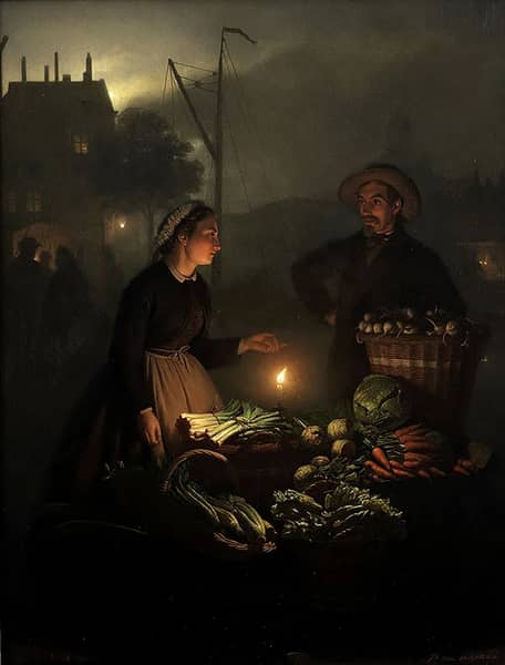 The Vegetable Stall by Candlelight | Oil Painting Reproduction