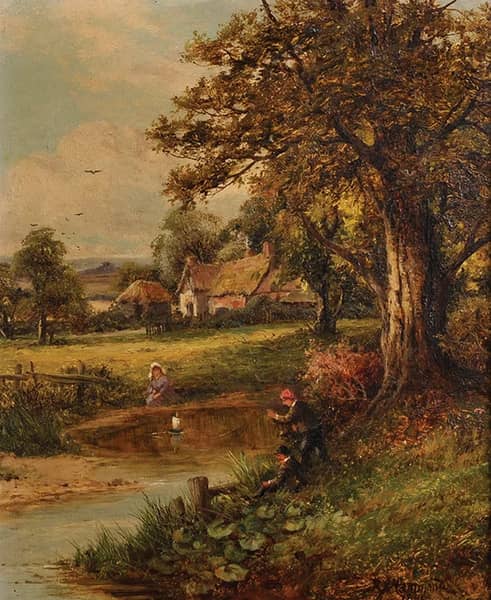 A River Landscape with Young Children Playing with a Boat in the Pond | Oil Painting Reproduction