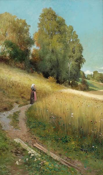 Autumn Landscape with Woman and Cornfield | Oil Painting Reproduction