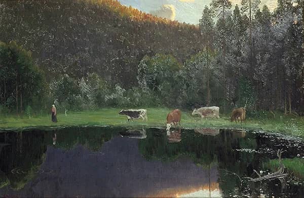 Cows and Sheds by the Pond | Oil Painting Reproduction