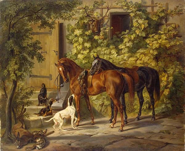 Horses at the Porch 1843 by Albrecht Adam | Oil Painting Reproduction