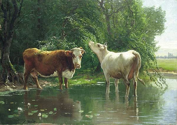 Two Watering Cows 1881 by Christian Skredsvig | Oil Painting Reproduction