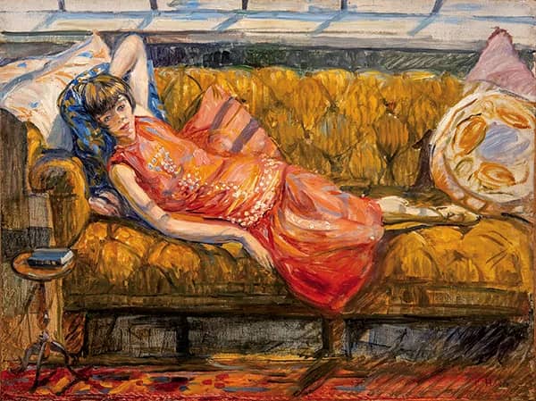 Woman Reclining on a Sofa by Beatrice How | Oil Painting Reproduction