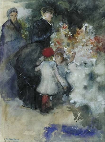 Two Ladies with Children at a Flower Market | Oil Painting Reproduction