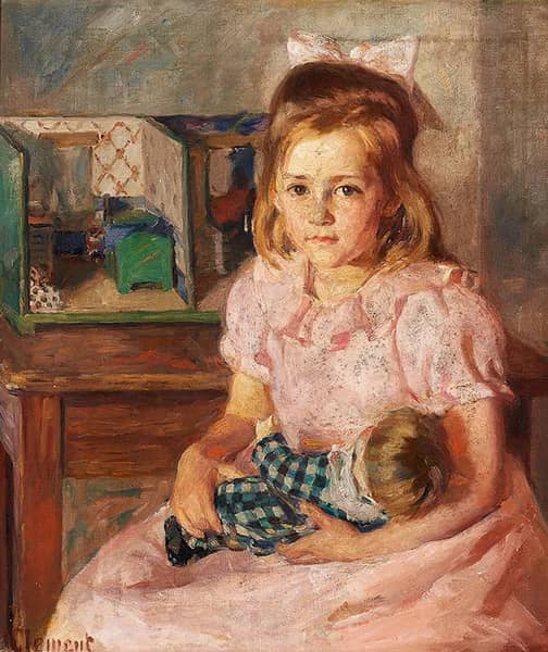 A Girl in Pink Dress with her Doll | Oil Painting Reproduction