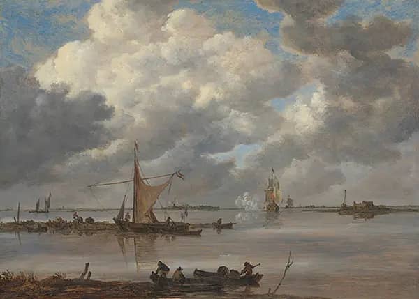 Estuary with Fishing Boats and Two Frigates | Oil Painting Reproduction