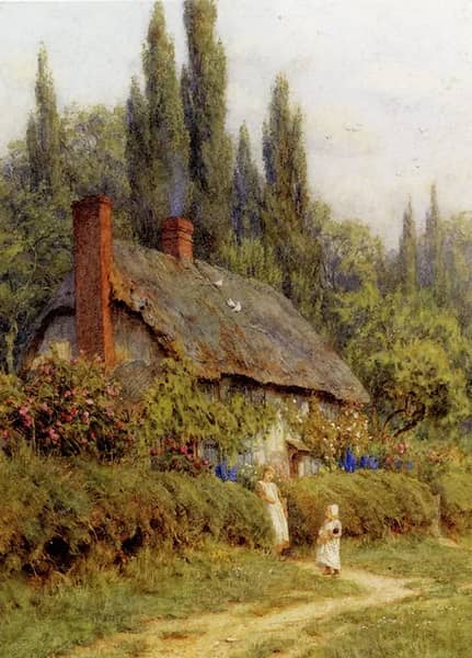 Children on a Path Outside a Thatched Cottage | Oil Painting Reproduction