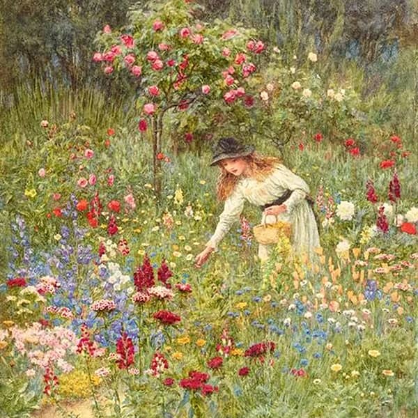 Gathering Flowers 1889 by Helen Allingham | Oil Painting Reproduction