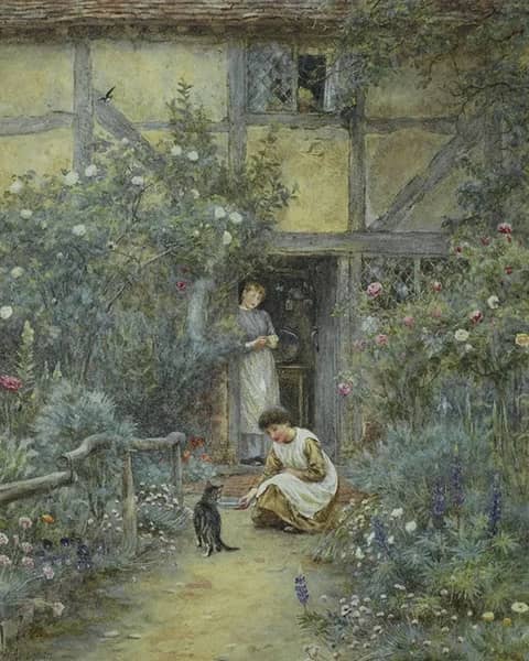 The Saucer of Milk by Helen Allingham | Oil Painting Reproduction
