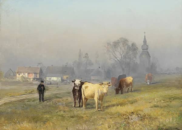 Morning View with Cows in a Field | Oil Painting Reproduction