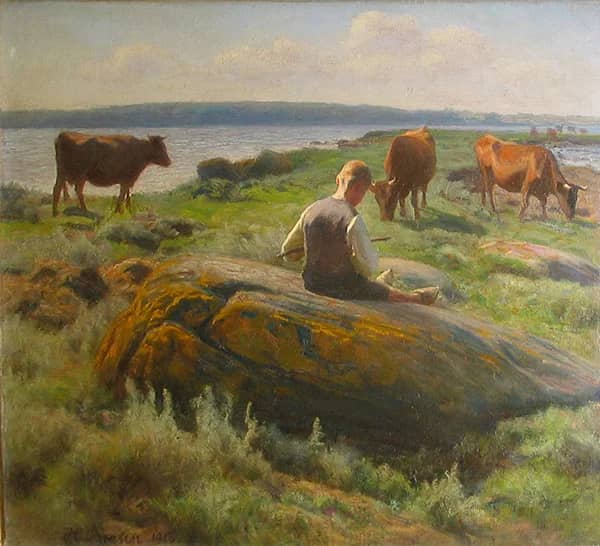 Boy with Cows on a Meadow 1915 | Oil Painting Reproduction