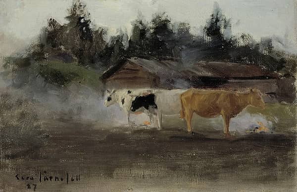 Cows in Turf Smoke 1887 by Eero Jarnefelt | Oil Painting Reproduction