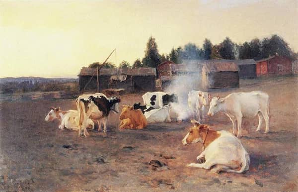Cows in Turf Smoke 1891 by Eero Jarnefelt | Oil Painting Reproduction