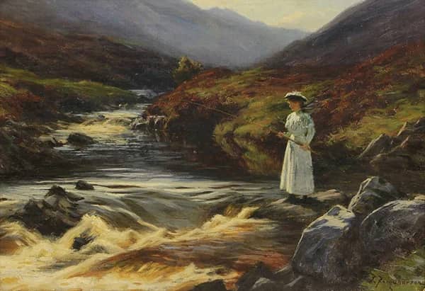 A Young Woman Fishing in a Highland Stream | Oil Painting Reproduction
