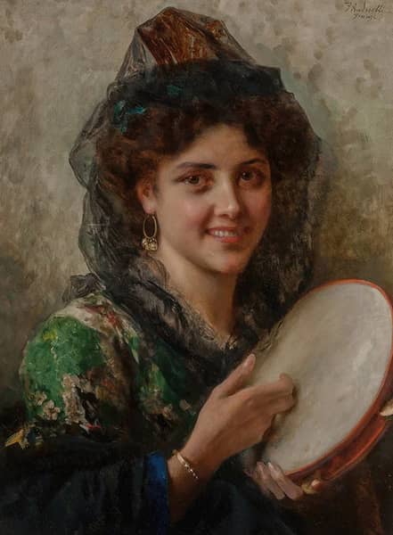 Girl with a Tambourine by Federico Andreotti | Oil Painting Reproduction