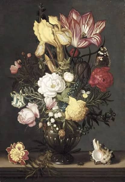 Flowers in a Decorated Vase with a Butterfly | Oil Painting Reproduction