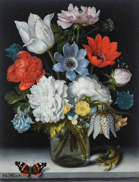 Flowers in a Glass Flask on a Marble Ledge | Oil Painting Reproduction