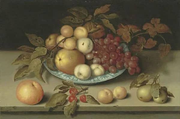 Peaches Apples Apricots and Grapes in a Wan Li Bowl | Oil Painting Reproduction