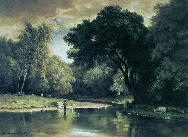 Fishing in a Stream 1857 by George Inness | Oil Painting Reproduction