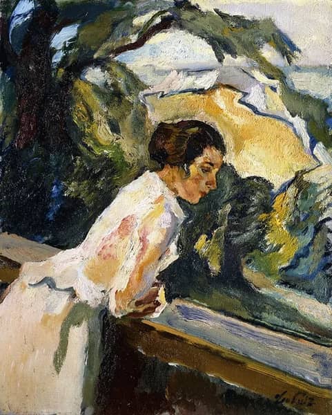 Frieda The Artists Wife Leaning Over The Balcony c1919 | Oil Painting Reproduction