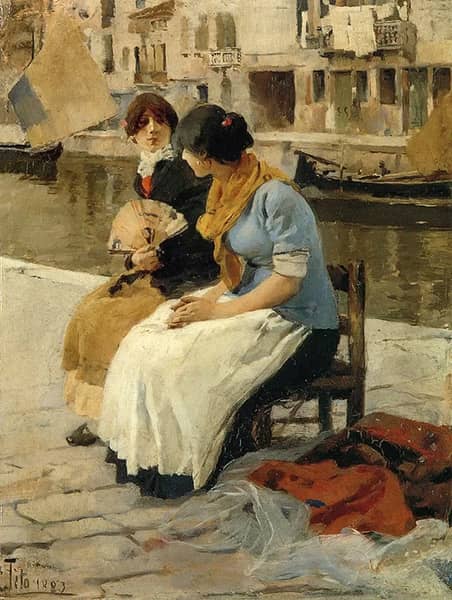 Gossip by the Canal Venice by Ettore Tito | Oil Painting Reproduction