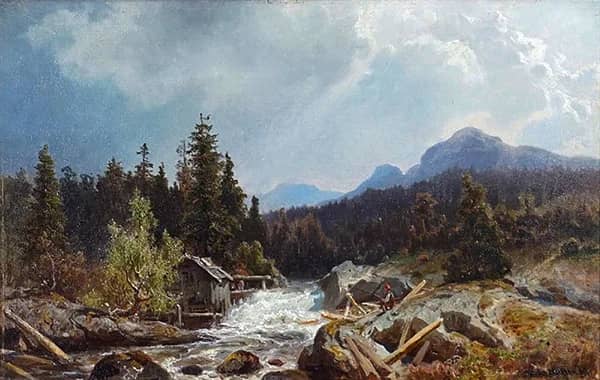 Fisherman at Waterfall 1869 by Morten Muller | Oil Painting Reproduction