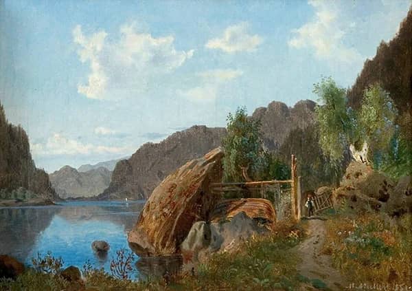 Fjord Landscape with Man and Boat 1851 | Oil Painting Reproduction